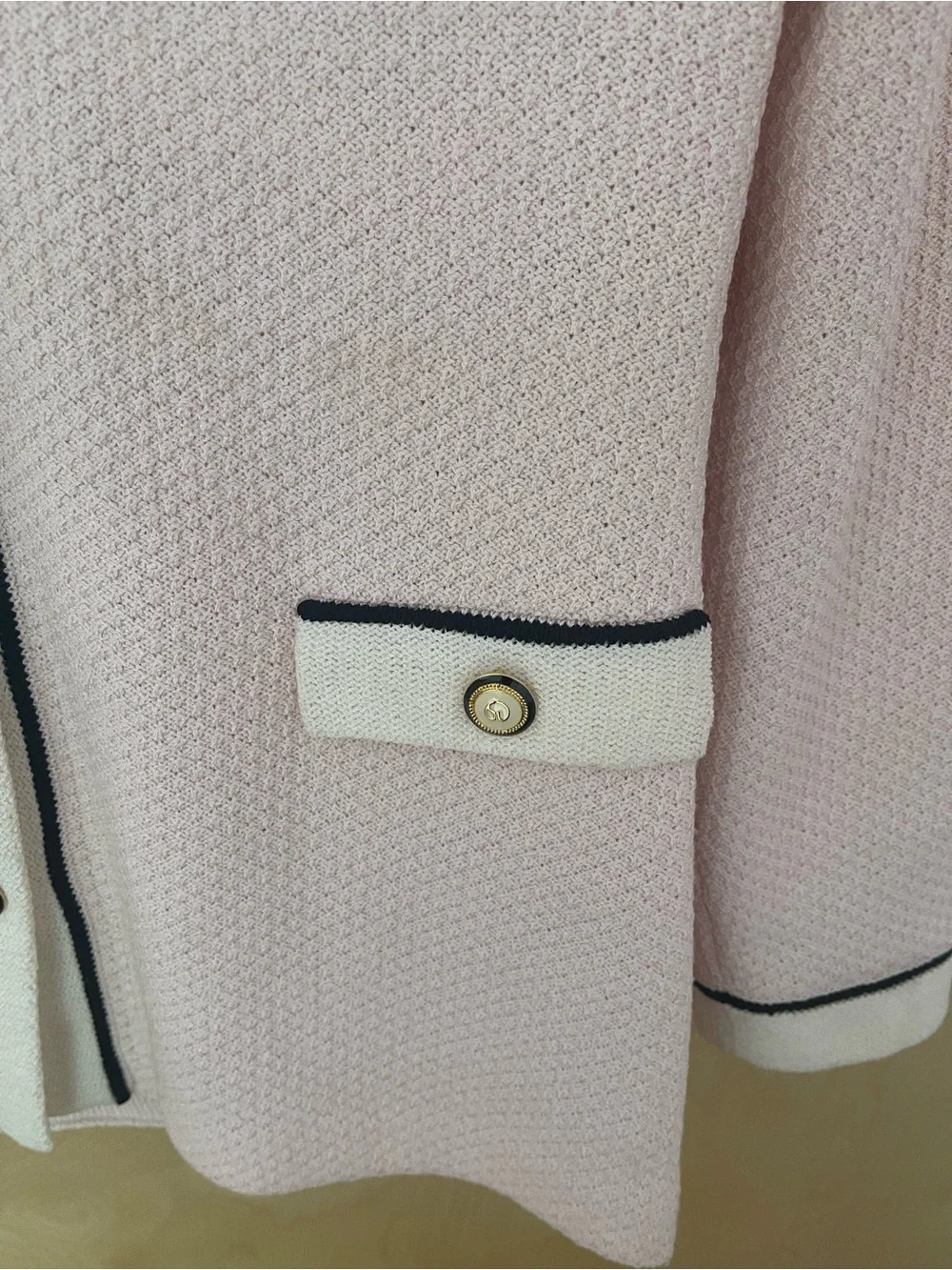 Vintage St. John Blush Pink Knit Cardigan with Cream Trim and Black Piping